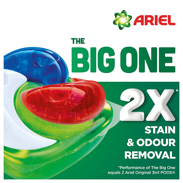 Ariel PODS® The Big One with 2x stain & odour removal power* Performance of Ariel The Big One equals 2 Ariel Original 3in1 PODS®