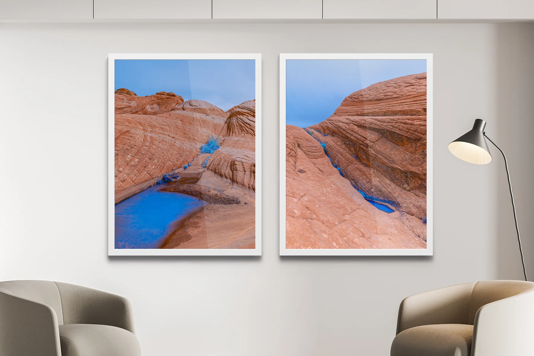 Red sandstone formations with fluorescent blue water. Red sandstone formations with fluorescent blue water.