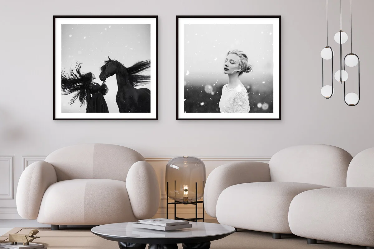 Dreamy surreal portrait photos, on the left, dark tones with horse and blowing hair and on the right bright tones with snowflakes. Dreamy surreal portrait photos, on the left, dark tones with horse and blowing hair and on the right bright tones with snowflakes.