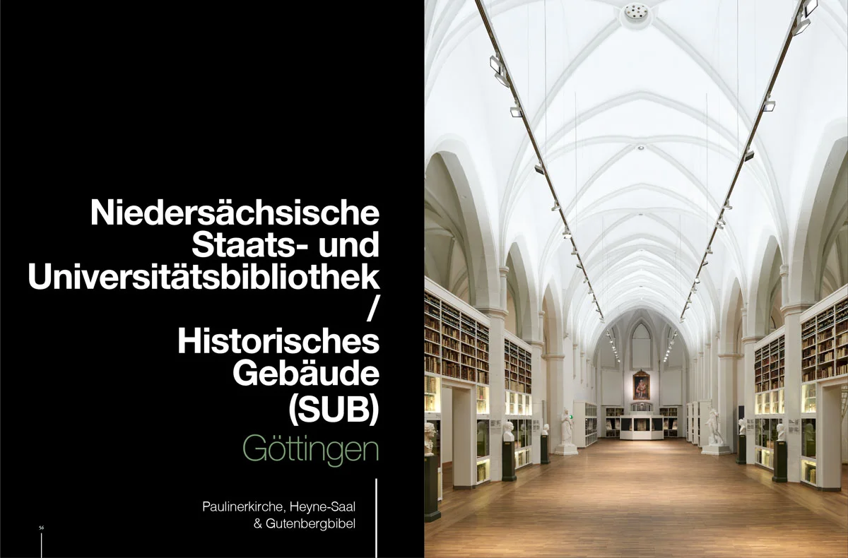 Links weißer Text auf schwarzem Hintergrund zur Bibliothek Göttingen, rechts ein Bild der Biibliothek. Links weißer Text auf schwarzem Hintergrund zur Bibliothek Göttingen, rechts ein Bild der Biibliothek.