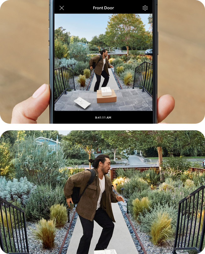 Live camera feed displayed on a smartphone of a person on porch with packages on doorstep with zoomed-in view below.