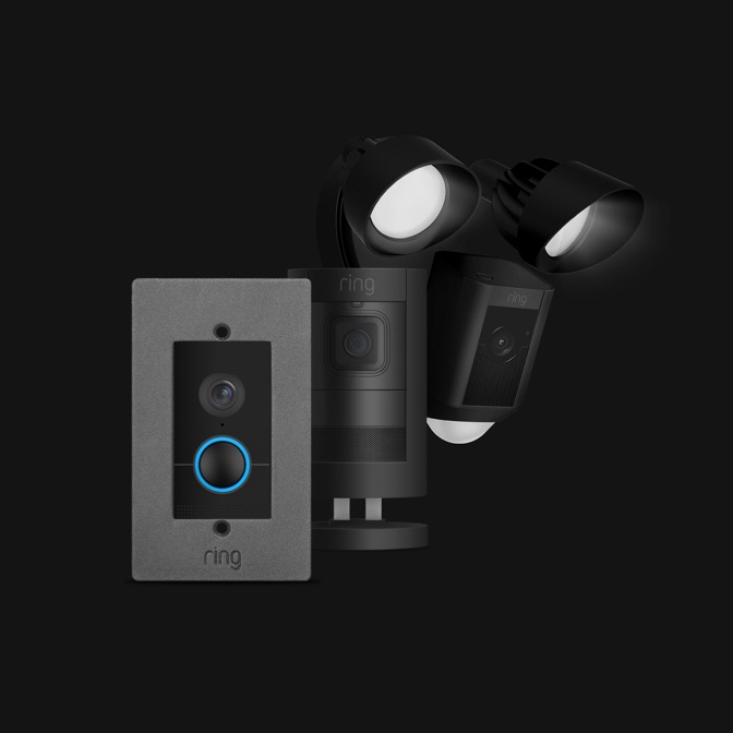 Ring Elite Faceplate mounted over Ring Doorbell Cam next to black Stick Up Cam Elite and black Ring Floodlight Cam Plus.