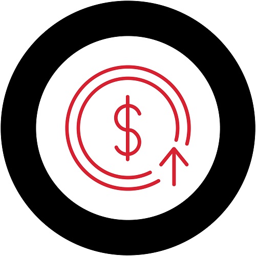 Cercle noir entourant une icône représentant un signe du dollar avec une flèche vers le haut