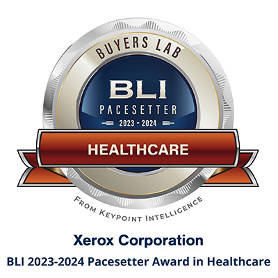 Winning seal for Buyers Lab - BLI Pacesetter 2023-2024 Healthcare from Keypoint Intelligence - Xerox Corporation