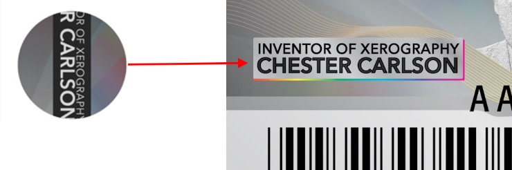 Close-up of the metallic portion of a Genuine Xerox Supply label, showing how the silver background changes from light to dark when the item is rotated 90 degrees