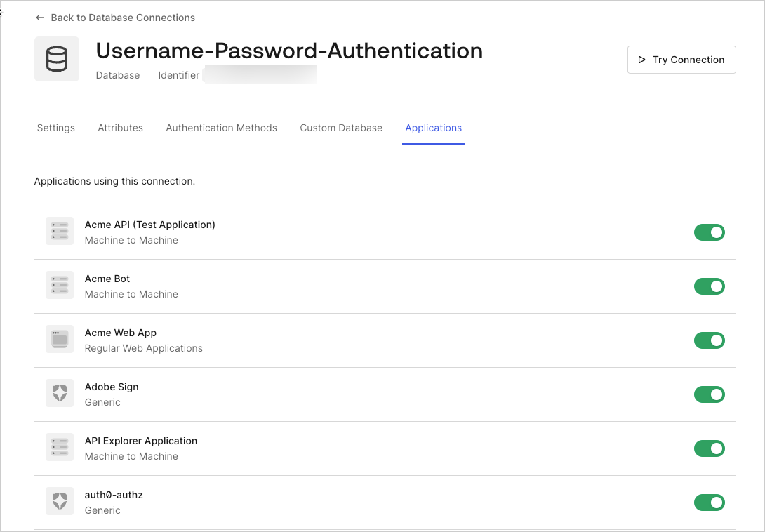 Dashboard - Connections - Database - Edit - View Applications