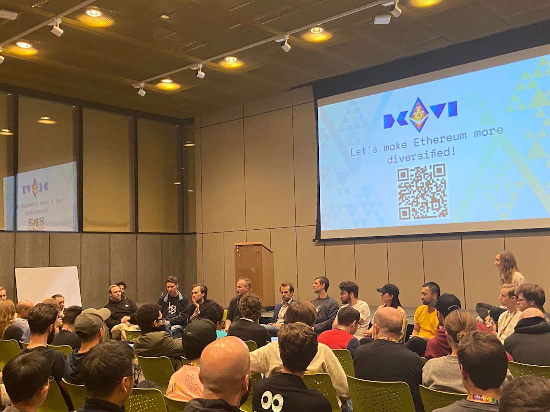 Several Ethereum core developers discussing Ethereum’s development roadmap during an EthMagicians workshop at Devcon VI.