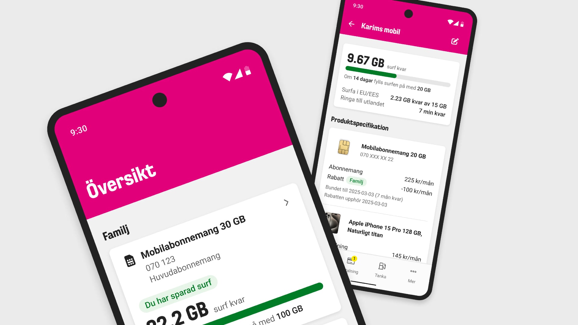 Två mobiltelefoner med skärmar som visar olika delar av Comviq-appen, översikt över alla abonnemang samt detaljer om ett utvalt abonnemang med produktspecifikation