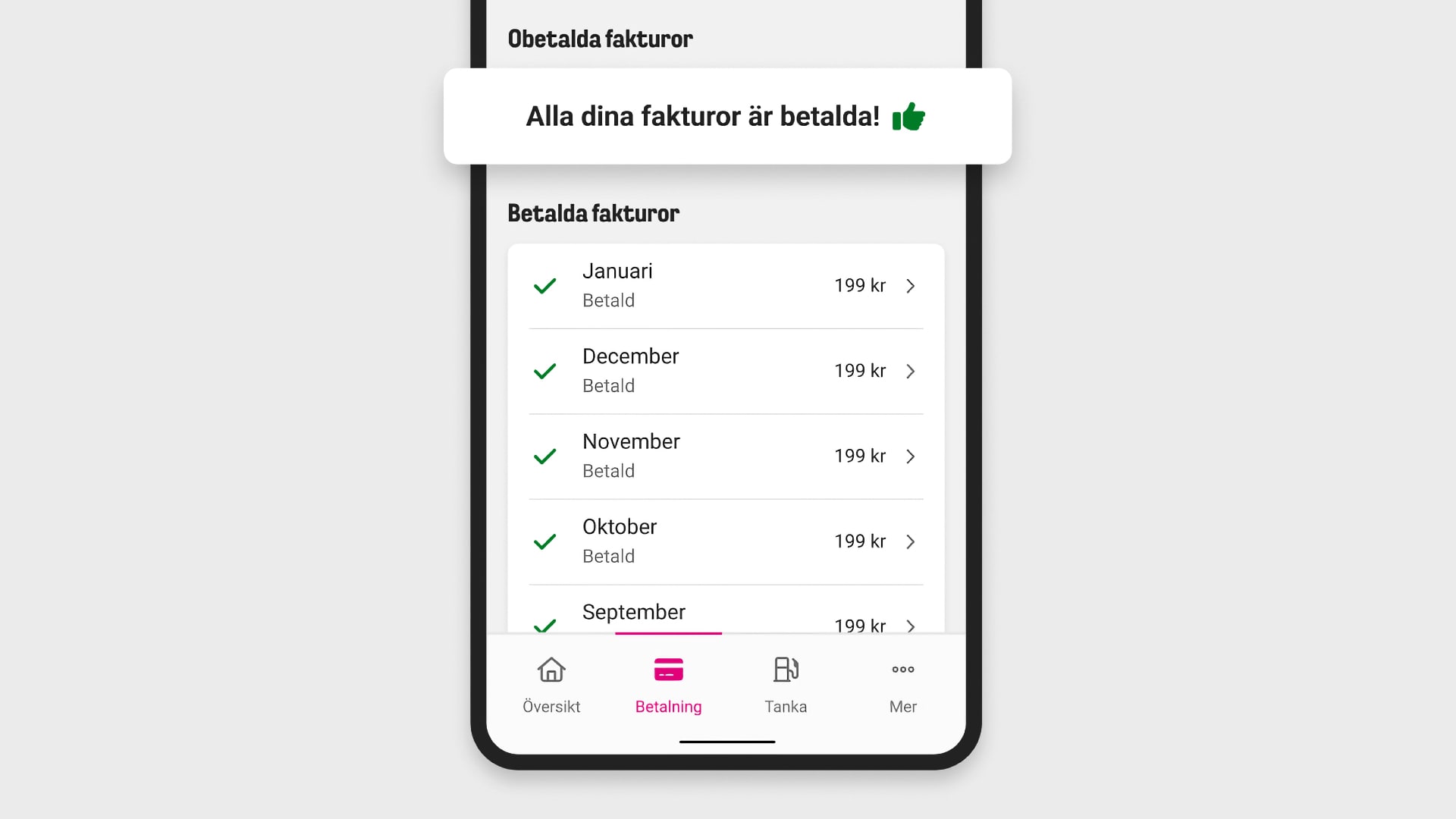 Mobil med skärm som visar fakturaöversikt i Comviq-appen, obetalda och betala fakturor sorterade per månad, framhävd text "Alla dina fakturor är betalda" med grön tumme upp