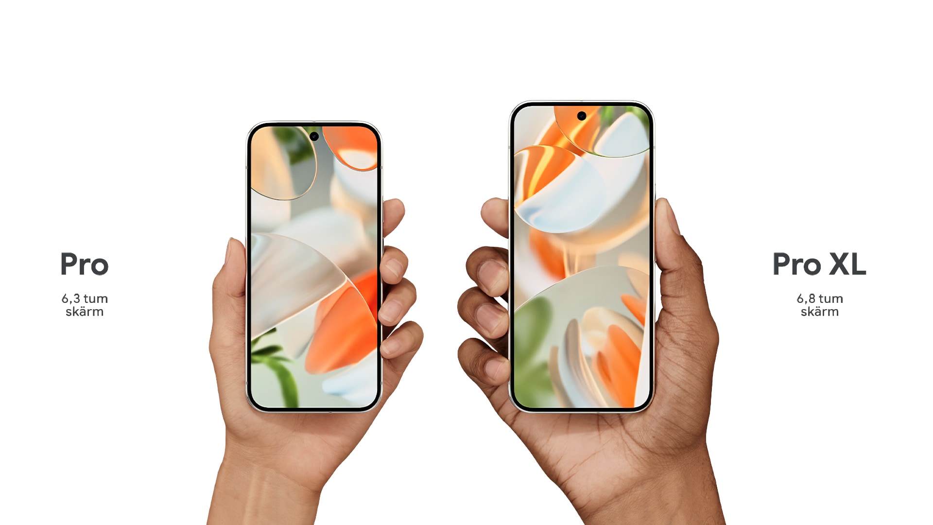 Jämförelse som visar skillnaden i storlek mellan Google Pixel 9 Pro och Pixel 9 Pro XL, text visar skärmstorlek i tum, 6,3 tum för Pro och 6,8 tum för den större XL-modellen