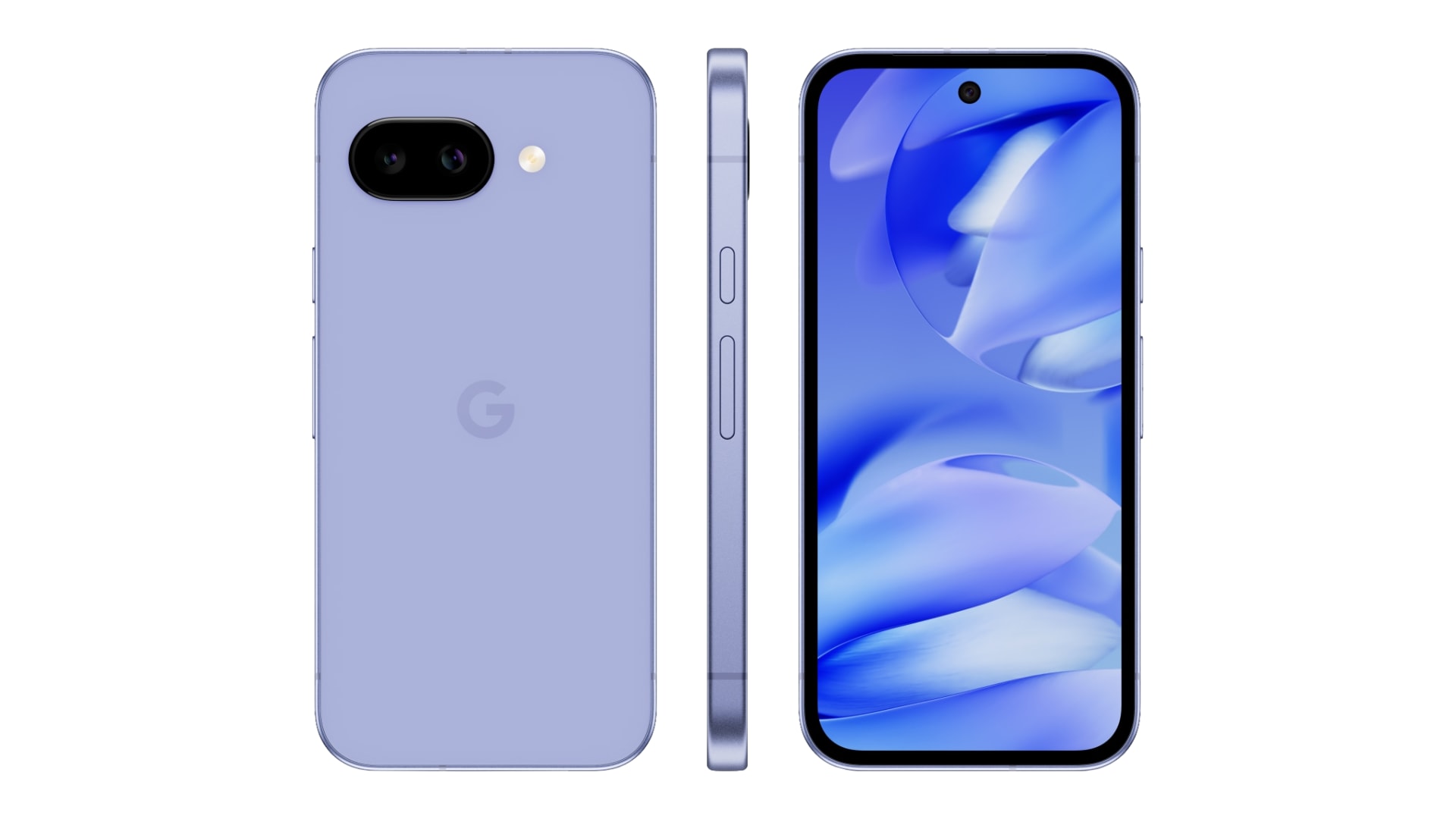 Google Pixel 9a, lila, framsida, baksida och sida av mobilen synliga, skärm med abstrakt blå bakgrund på framsidan, baksida med G-logo och kamera, sida med ram i matchande färg och infällda knappar