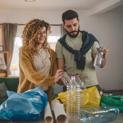 Una donna e un uomo in piedi che riciclano plastica e carta