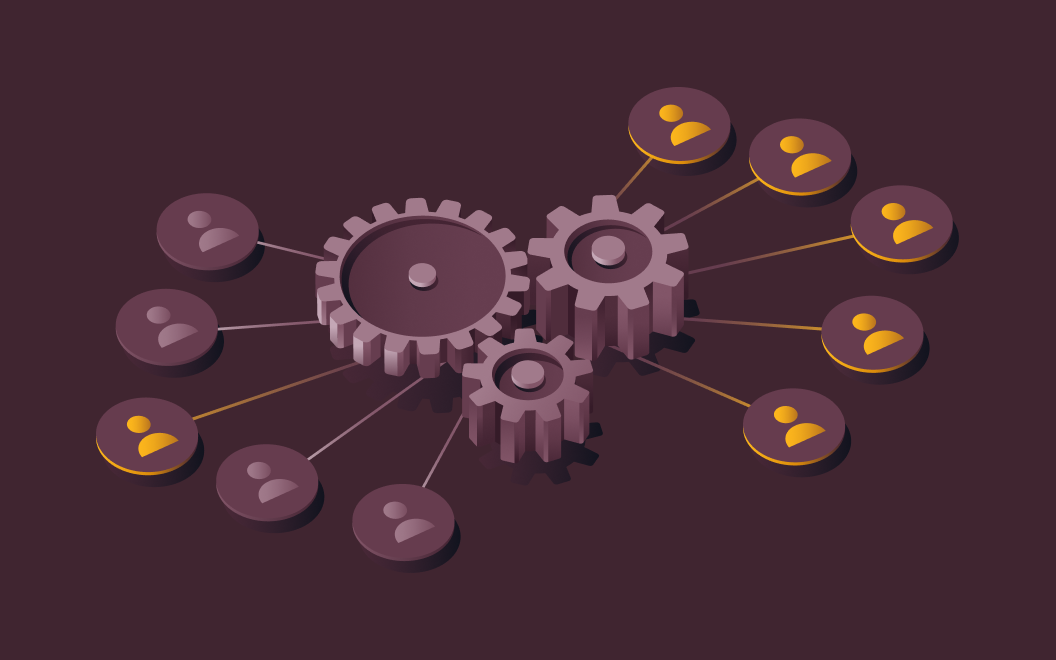 Abstract illustration of three cogs connected to a group of people