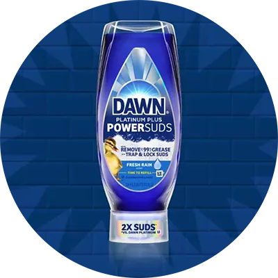 Dawn Platinum Plus Power Suds packaging on a dark blue background.