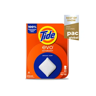 An orange package with a white square laundry pod in the center and an orange, yellow, and blue “Tide” logo at the top.