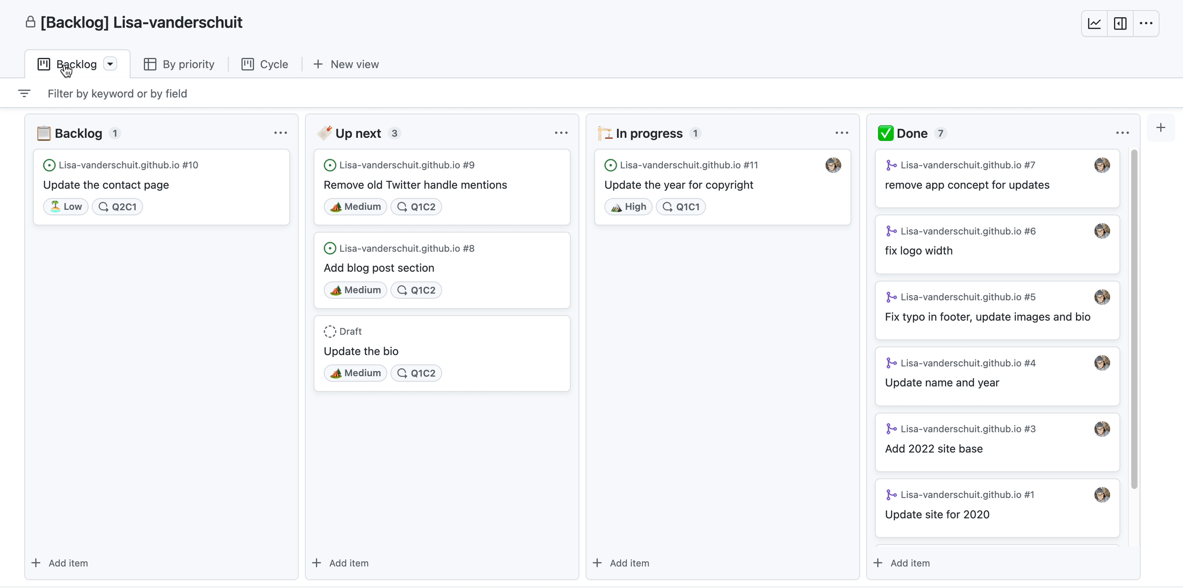 Personal backlog featuring a board (kanban) view and table (spreadsheet) view.
