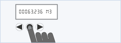 A gas smart meter with a circular button and 2 arrow buttons below a screen. The screen says '00063.236 M3'.