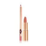 K.I.S.S.I.N.G Lipstick and Lip Cheat Kit An open lip liner pencil in a peachy-pink shade and an open lipstick in a salmon-pink colour in a gold-coloured tube.