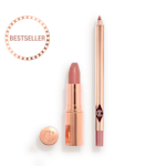 Pillow Talk Lipstick and Lip Liner Kit An open nude pink lipstick in a gold-coloured tube and lip liner pencil in a nude pink shade.