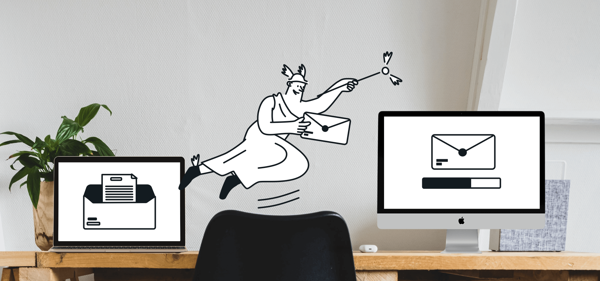 Hermes delivering letter in front of screens