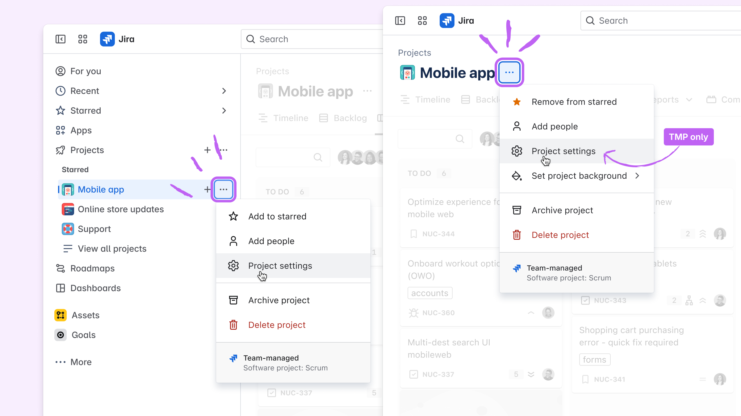 Screenshot of Jira's project settings in two places