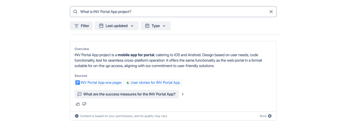 Screenshot of user asking what a project is, and a detailed answer being given in a card result.