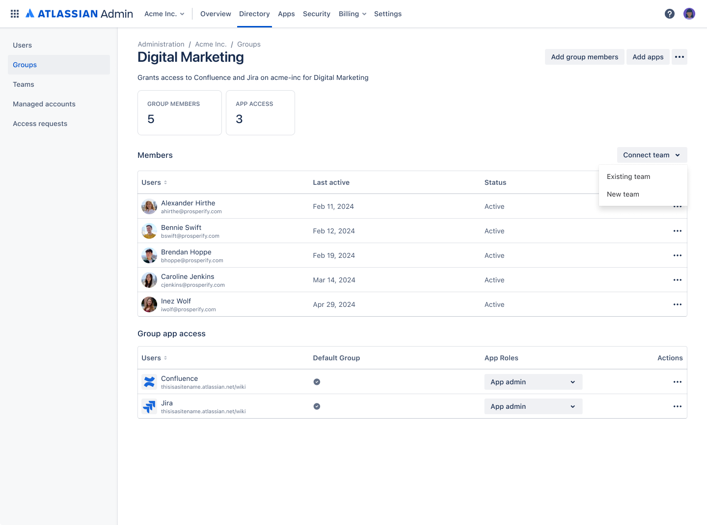 Group page in Atlassian Administration showing how to connect a team to the group.