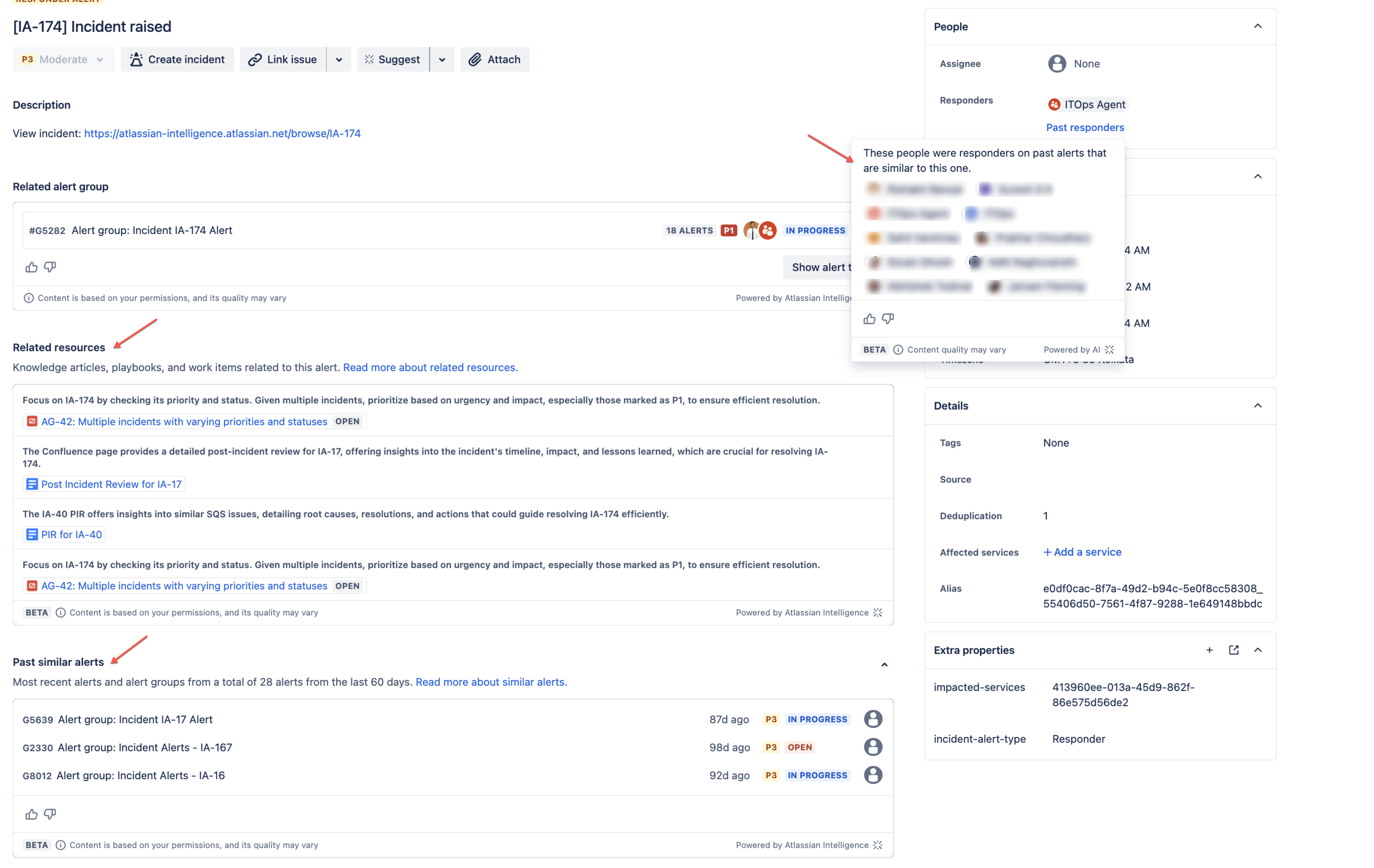 Use Atlassian Intelligence to view similar alerts and past responders
