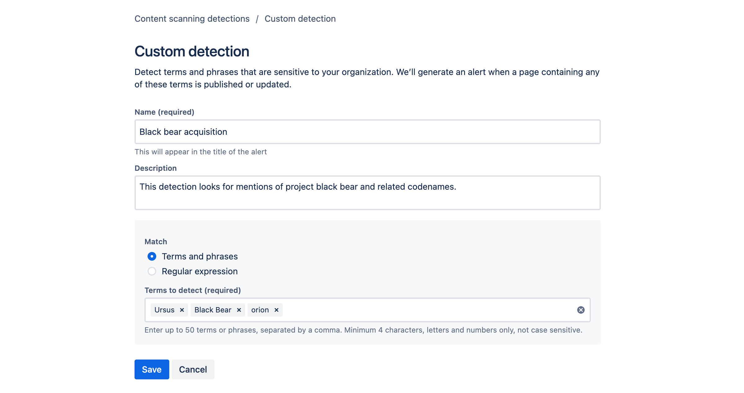 Custom detection form showing name, description, and terms to detect fields.