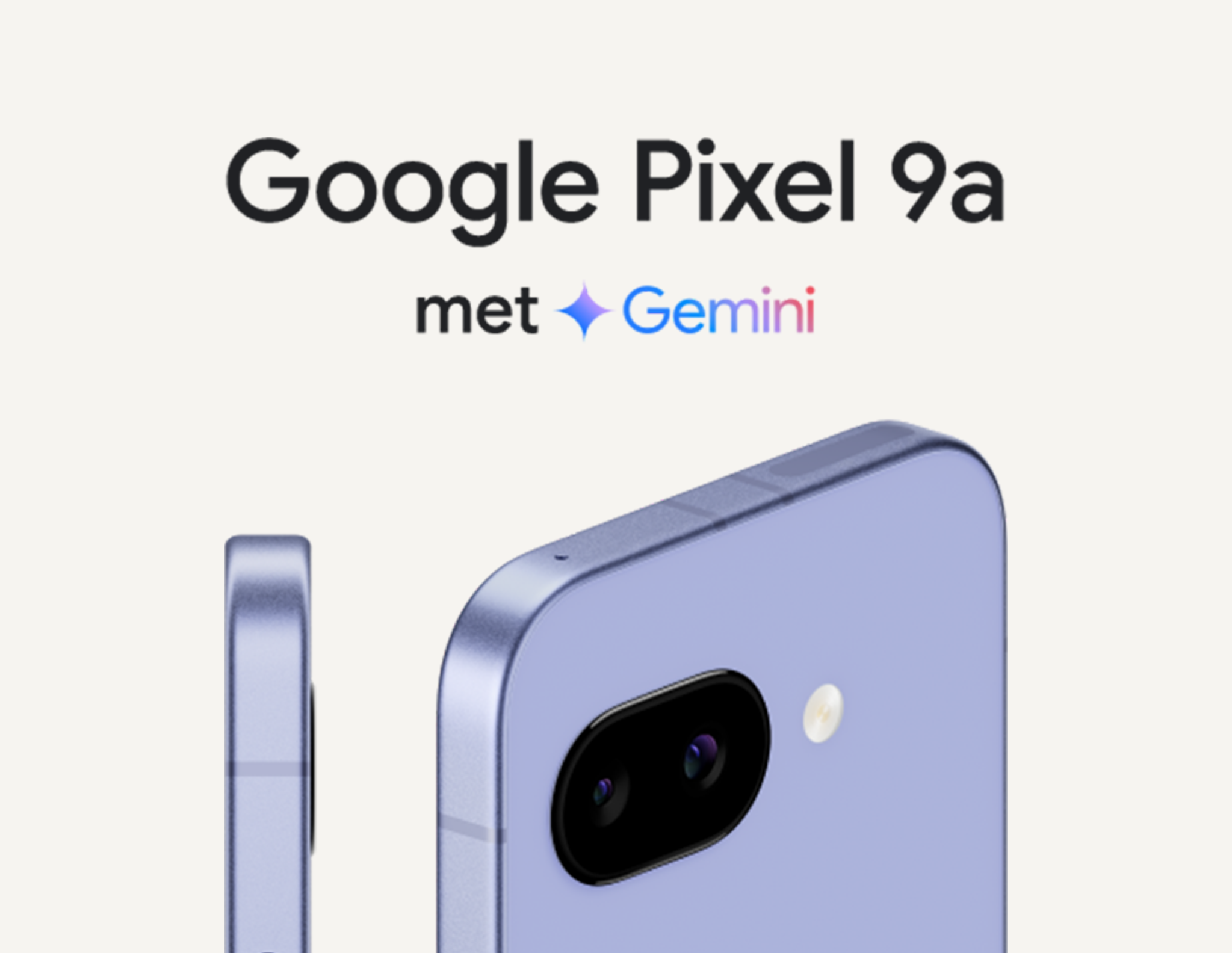 Bovenste helft van een blauwe Google Pixel 9a van de zijkant en schuine achterkant. Tekst erboven: Google Pixel 9a met Gemini (Gemini als logo)