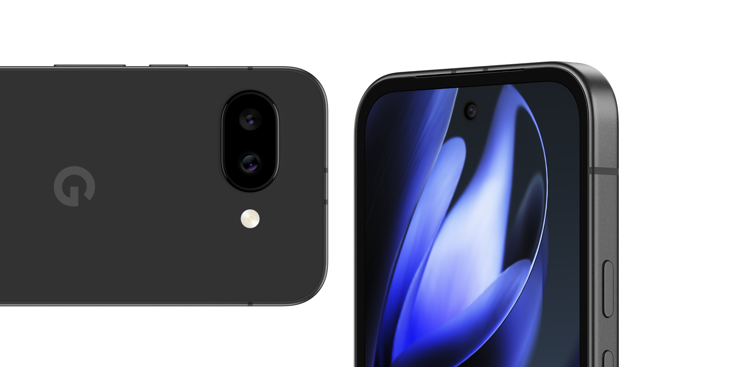 Bovenste helft van een zwarte Google Pixel 9a. Aan de linkerkant zijwaarts van achter in beeld, aan de rechterkant schuin van de voorkant in beeld