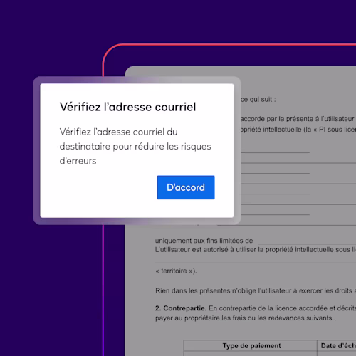 Une notification de vérification des données invite l'utilisateur à vérifier le compte bancaire du destinataire afin de réduire les risques d'erreur.