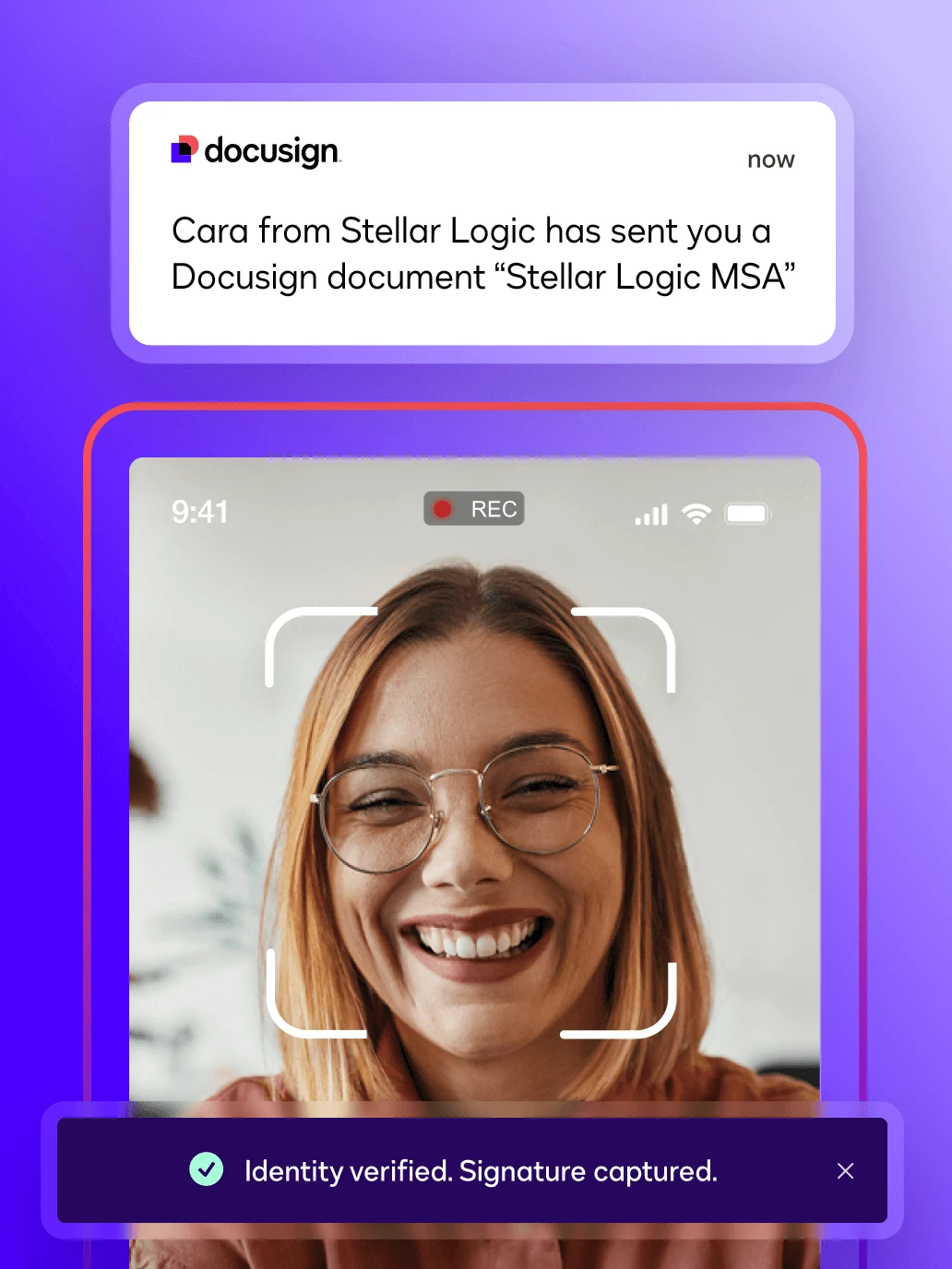 Collage of three images from Docusign IDV notification experience that confirm a document is available and a document is signed.