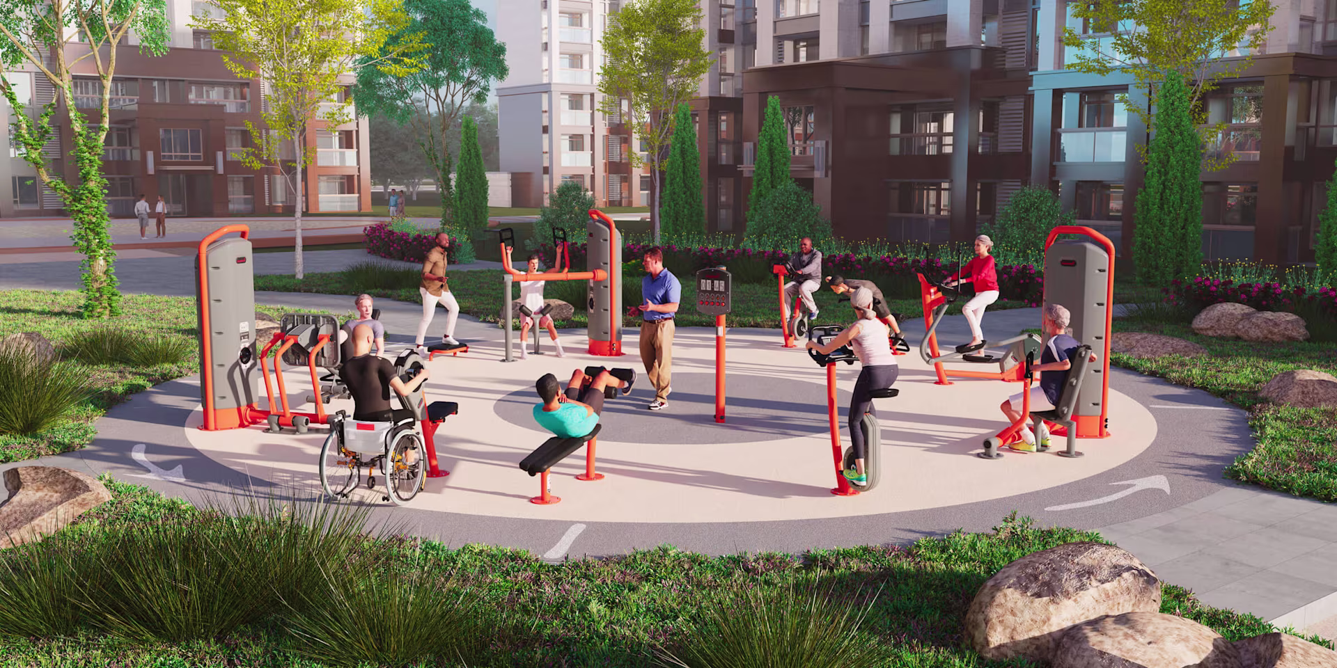 idea de diseño de una zona de fitness al aire libre para entrenamiento en circuito