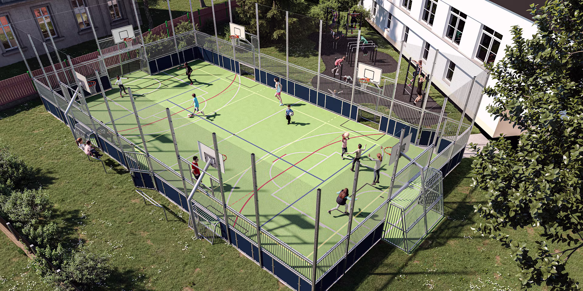 Idea de diseño de un patio escolar con zonas de juegos multibalón