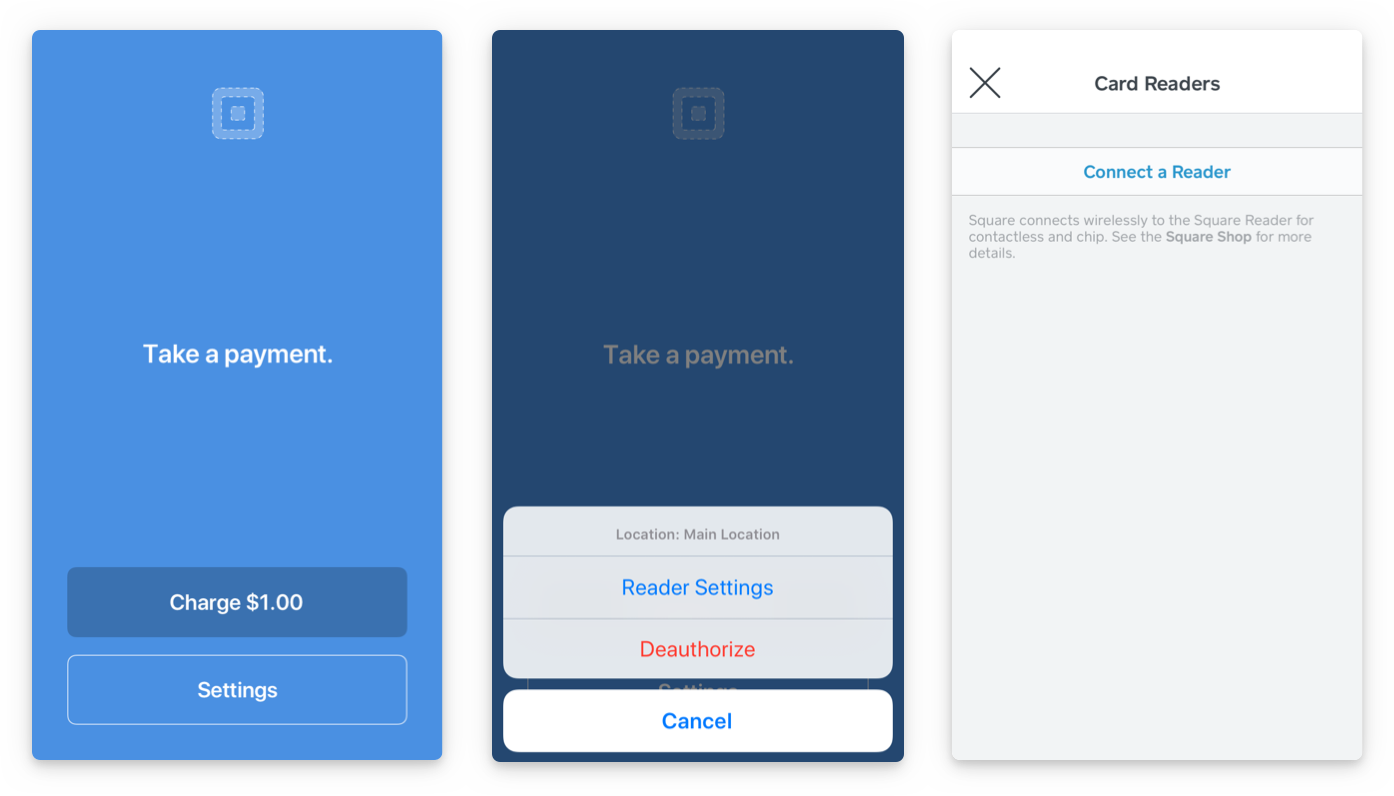 A graphic showing the Reader SDK Utility screen with $1.00 charge, with options for updating reader settings or deauthorizing the reader, and a third page with a list of connected card readers.