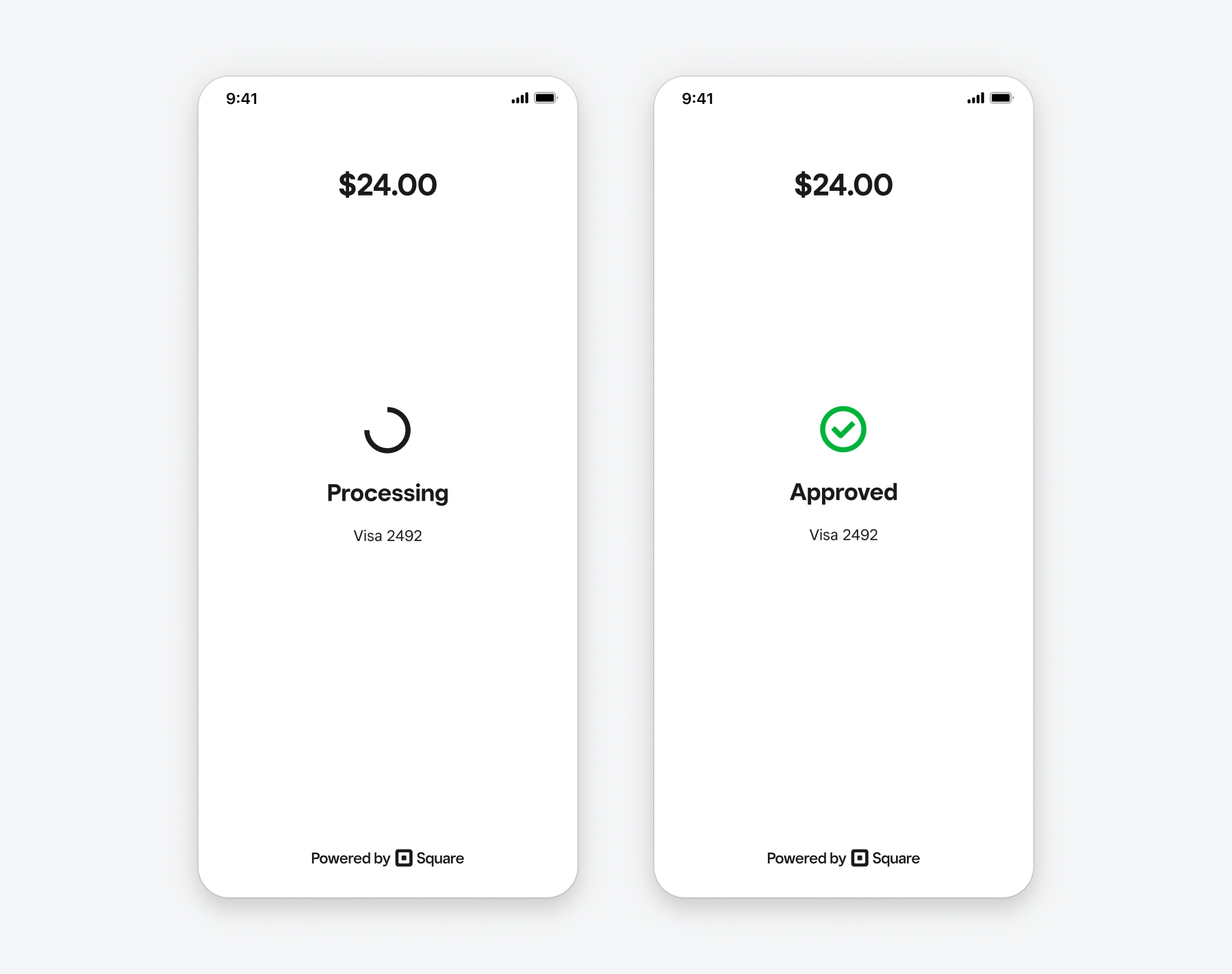 A graphic showing two payment screens in the Mobile Payments SDK, showing a 24 dollar payment going through "Processing" and "Approved" status.