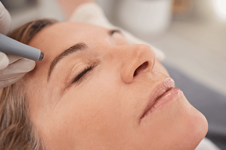 Close-up of a mature woman receiving a microneedling treatment from a dermatologist.