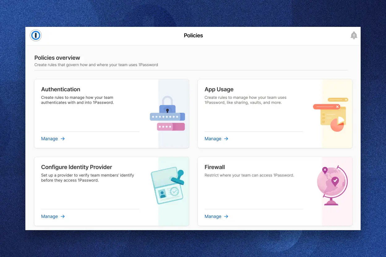 Tableau de bord des politiques 1Password affichant les options d'authentification, d'utilisation des applications, de configuration du fournisseur d'identité et de pare-feu, chacune avec un bouton « Gérer ».