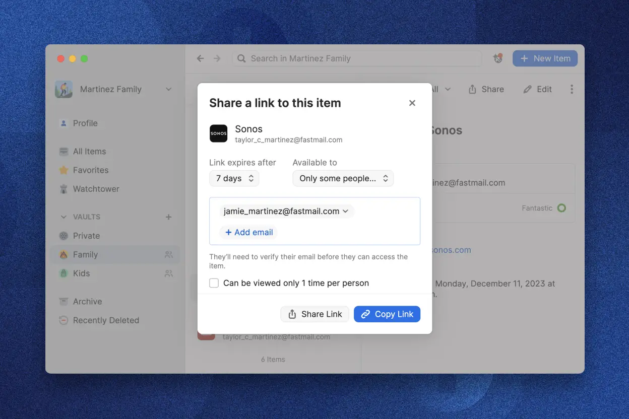 L'application 1Password avec sa fenêtre de dialogue affichant « communiquer un lien vers cet élément ». Cette fenêtre montre une adresse électronique, l’option de limiter la validité du lien à 7 jours et celle de ne le rendre utilisable que par « certaines personnes seulement ». On y voit également une case à cocher avec la mention « restreindre le nombre de vues à une par personne » ainsi que des boutons marqués « communiquer ce lien » et « copier ce lien ».