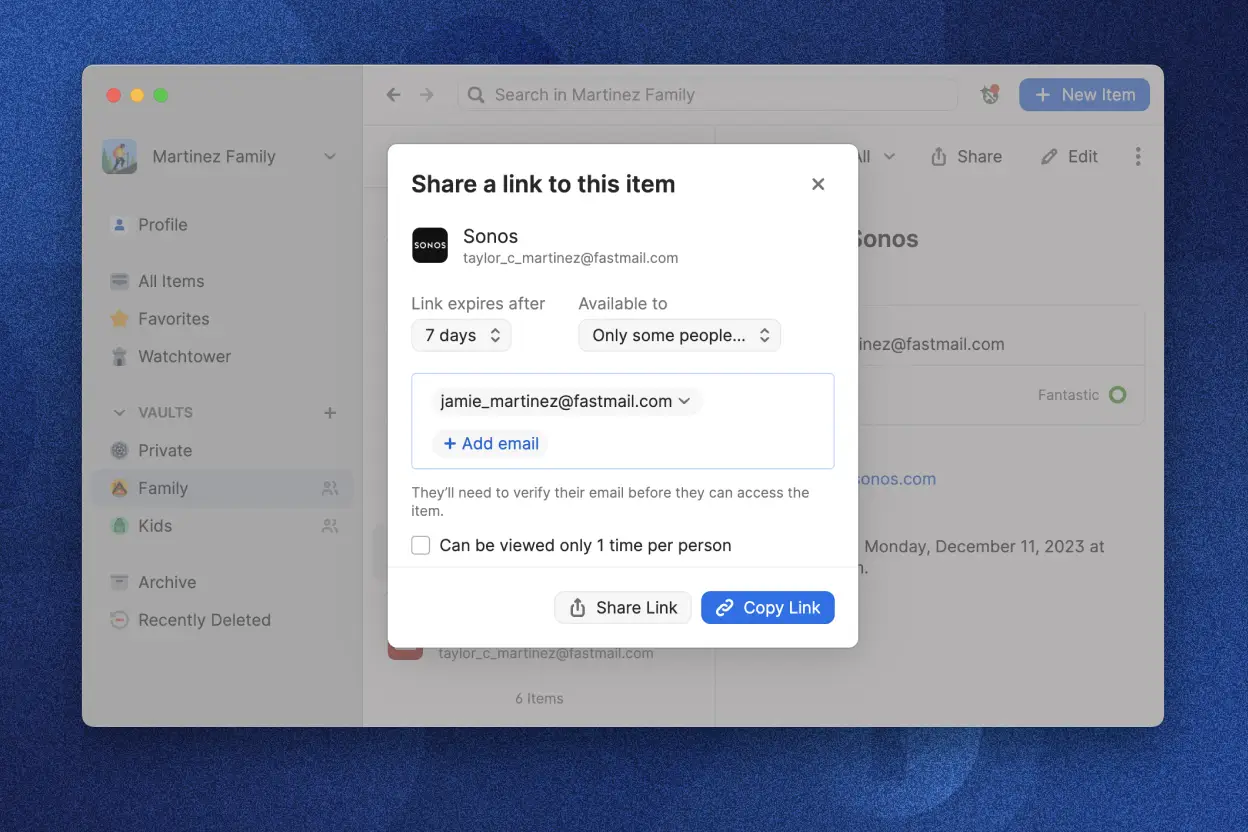 1Password’s password manager app displaying the option to share an item from a vault using a shareable link for specific emails, with the option to set an expiration date.