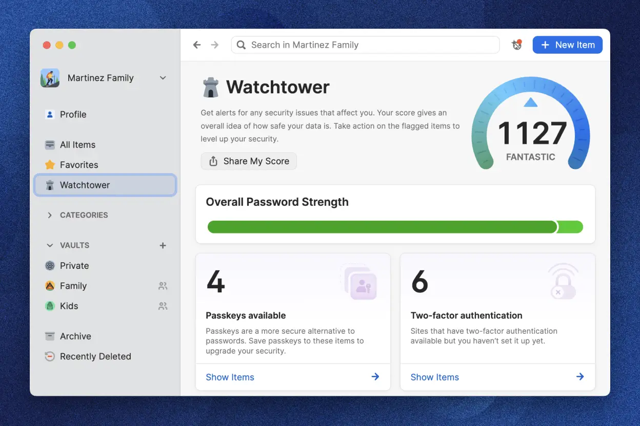 1Password’s password manager app displaying the Watchtower feature for security alerts. It shows overall password strength score, available passkeys and two-factor authentication.