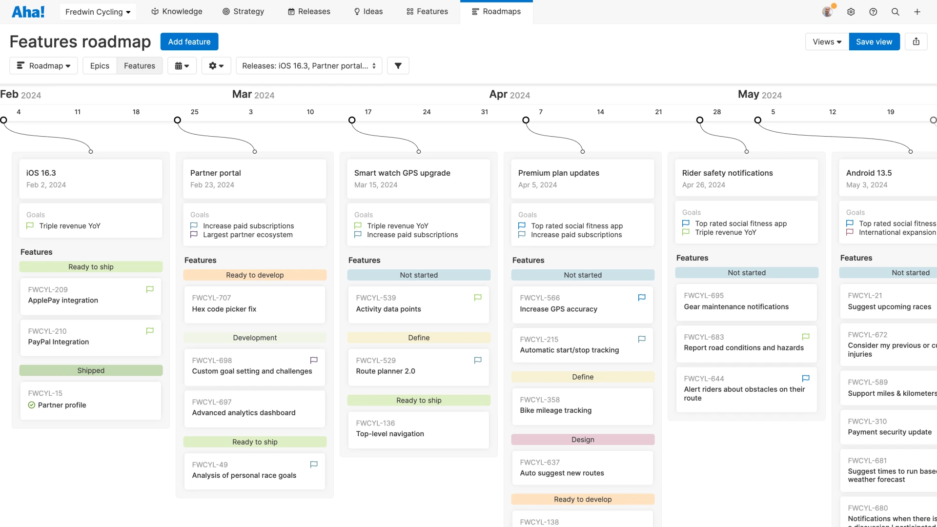 A features roadmap laid out on a timeline in Aha! software