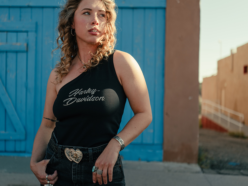 Woman in one-shoulder top