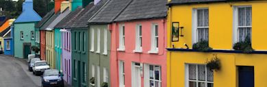 Colorful row houses and the city street