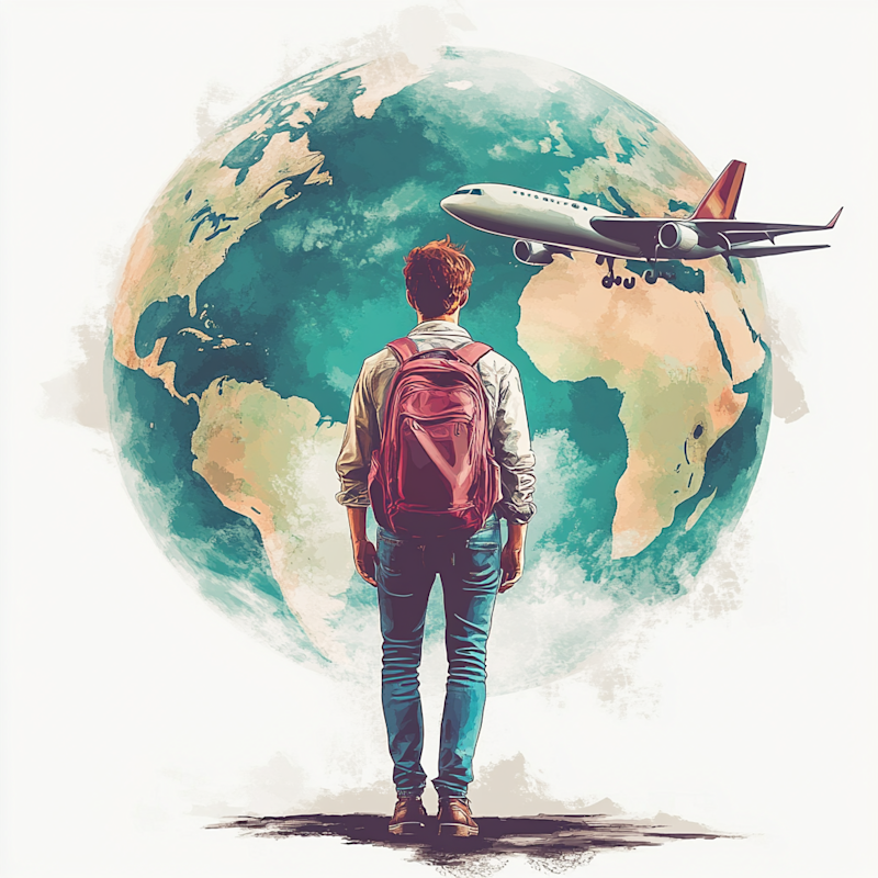 abstract image of a person traveling with a backpack and a globe in the background