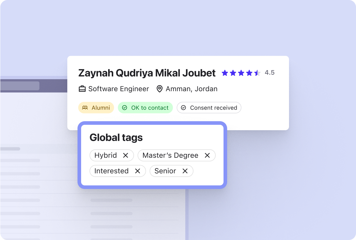 Screenshot of the Beamery product - A candidate profile in CRM with Global Tags to enable categorization and segmentation