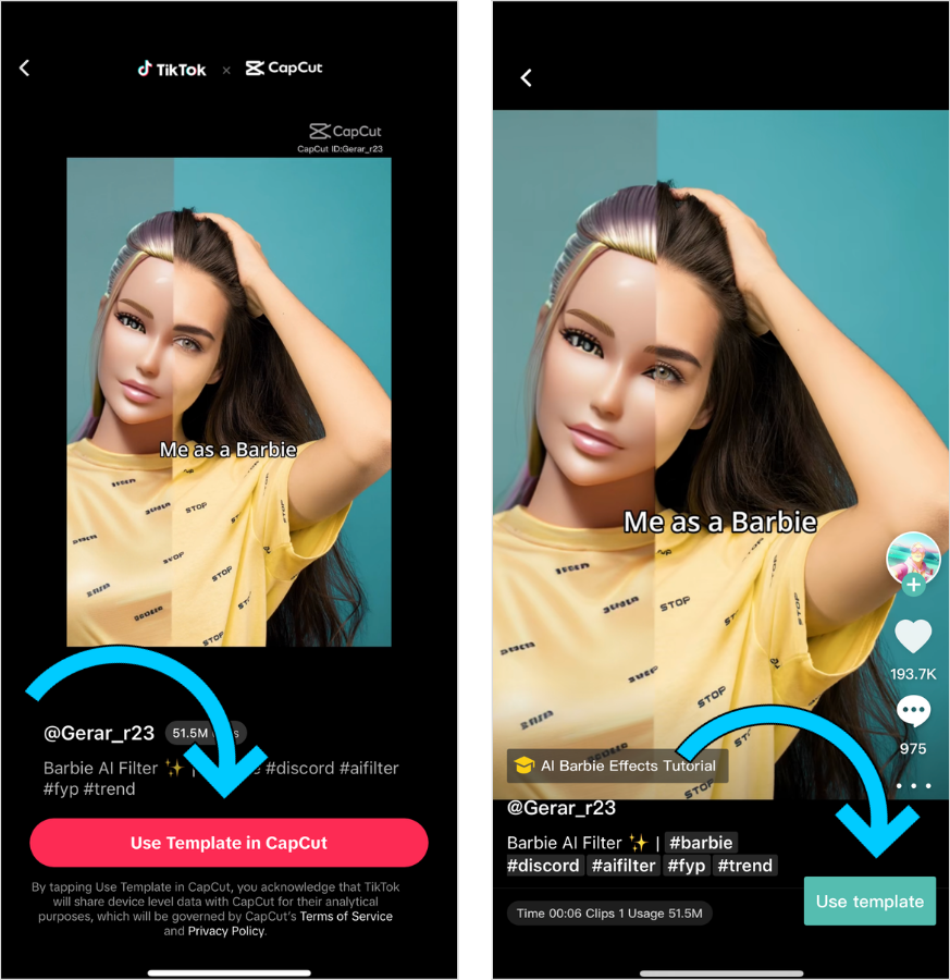 Side by side of how to open chosen CapCut template in CapCut.