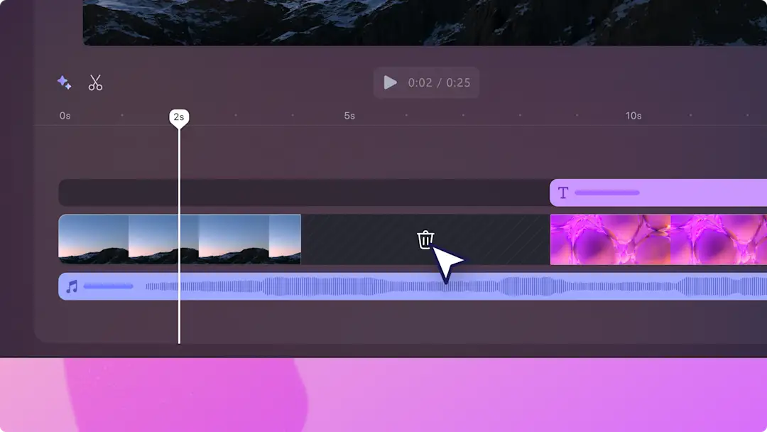 A cursor hovers over the gap removal icon, on the timeline, in the Clipchamp video editor.