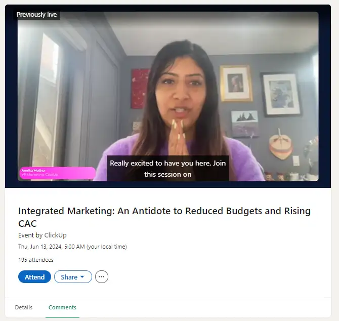 Captură de ecran a unui videoclip LinkedIn Live de la ClickUp.